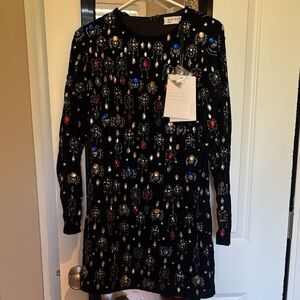 Mac Duggal Black Velvet Dress with Multicolor Gem Embellishments